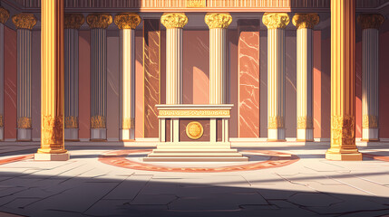 Obraz premium Roman podium adorned with gold accents, framed by towering columns and marble floors in a grand roman basilica, luxury product showcase, roman imperialism. Basilica. Illustration