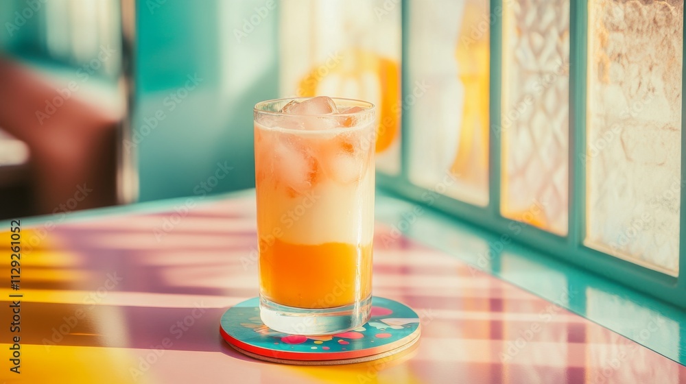 Poster Refreshing Citrus Drink with Ice in Colorful Cafe Setting
