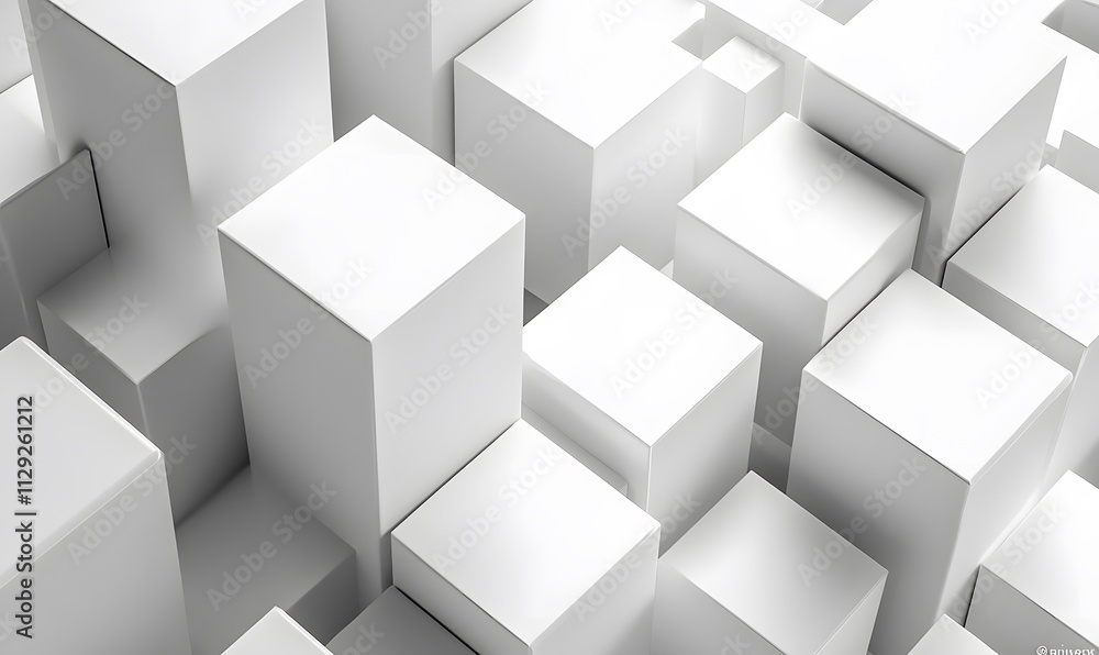 Poster an image of randomly shifted white cubes creating a sense of depth and dimensionality