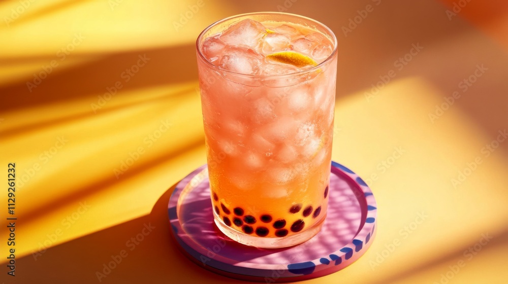 Poster Refreshing Drink with Ice and Lemon Slices on Colorful Background