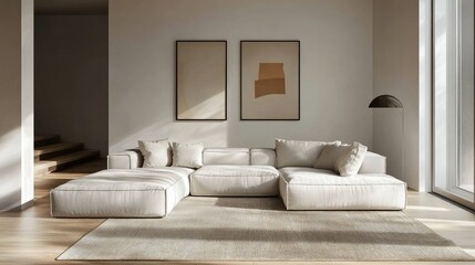 Minimalist living room with sectional sofa and area rug