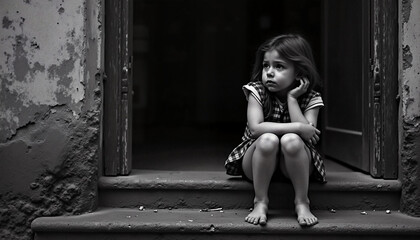 Sad six year old girl sitting alone on steps, black and white photo, emotional expression