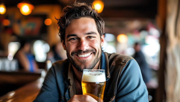 Smiling man holding beer glass in his hand drinking adult