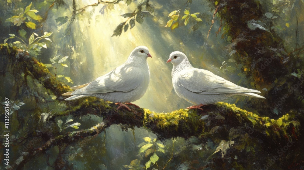 Poster two white birds perched on a branch in a lush forest setting