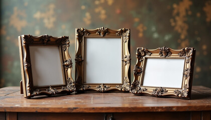 Vintage photo frame mockup in a rustic setting on wooden table, decorated background