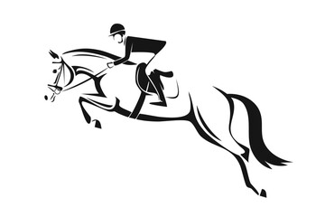Equestrian rider jumping over an obstacle on a horse, depicted in a minimalist black and white silhouette style