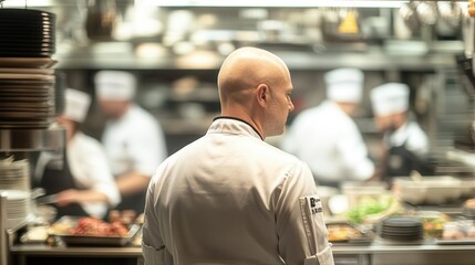 Bald white man seen from the back, dressed in a chef s uniform, standing in a busy restaurant kitchen, motion blur in the background, bald chef, rear view, white man