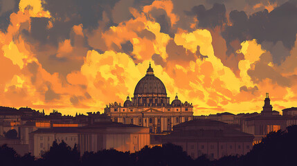 Obraz premium St. peter's basilica at sunset: a majestic view of vatican city, bathed in golden hues and dramatic clouds. Basilica. Illustration
