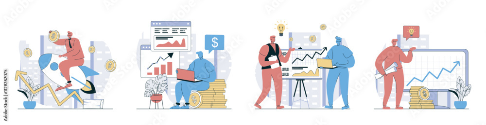 Poster business growth concept set in flat design for web. collection with people launch startup company, m