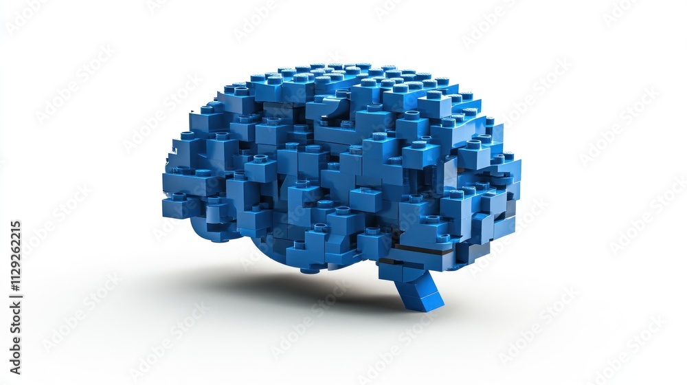 Poster 3d blue brain model made of block-like structures.