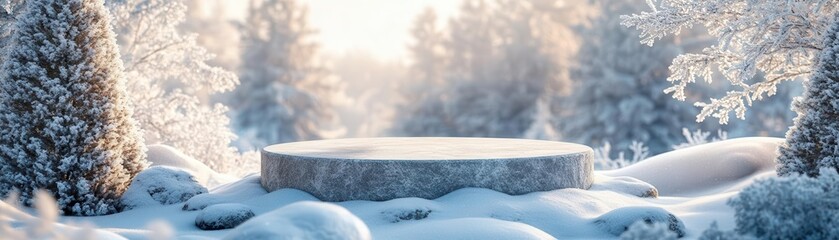 Frosted stone podium surrounded by snow-laden trees and icy formations, with soft winter sunlight, nature-inspired product presentation, snowy tranquility