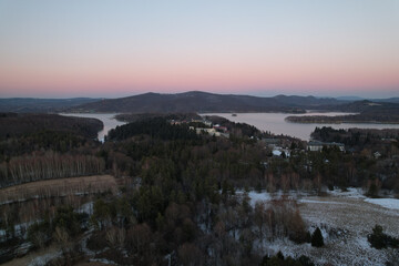 View from the drone of Polańczyk, Lake Solina and the Bieszczady Mountains.