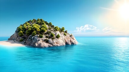 Fototapeta premium Tranquil Island Oasis with Lush Vegetation and Crystal Clear Waters Under a Bright Blue Sky, Perfect for Relaxation and Tropical Escapes