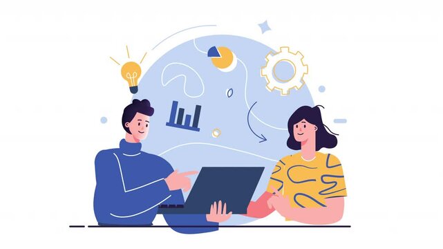 Business problems solving 2D animation, two women solve the problem on their laptop.