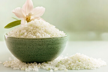 Aromatic bath salts with white orchid in green ceramic bowl on soft background