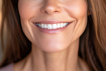 Obraz premium Close-up of caucasian female's smile with white teeth and healthy skin