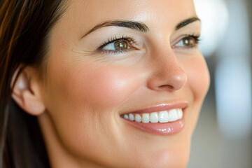Caucasian female with bright smile and flawless skin, close-up