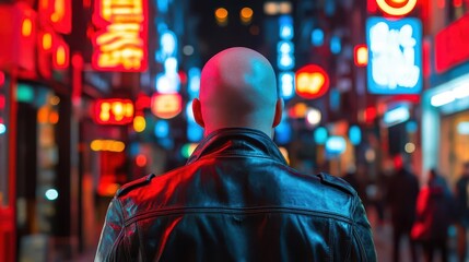 Fototapeta premium Rear view of a bald white man wearing a leather jacket, standing in a city street at night, blurred neon lights, bald head, rear view, white man