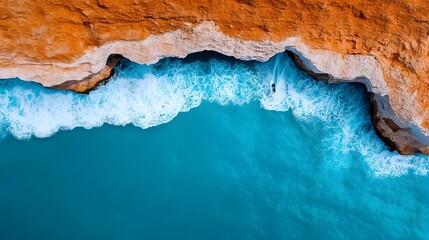 Naklejka premium Aerial View of Surfer Riding Wave Along Stunning Coastal Cliff with Vibrant Turquoise Water and Golden Sandy Shoreline in Scenic Landscape