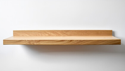 Empty contemporary wall-mounted shelf. Light oak wood. Isolated on white wall background. Mock-up