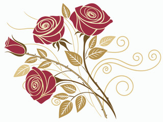 Roses with petals drawn as abstract swirls, surrounded by thin leaves in gold.
