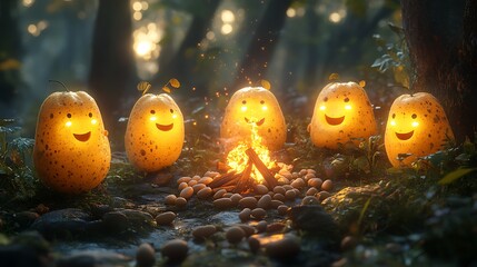 Happy pear characters gather around a campfire in a forest