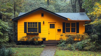A yellow house with a black roof and black shutters