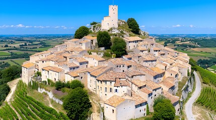 Naklejka premium Scenic view of a picturesque hilltop village surrounded by lush green fields and blue skies, showcasing historic architecture and stunning landscape in rural countryside