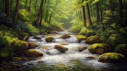 Obraz premium Tranquil Forest Creek with Mossy Rocks. This serene image captures a cascading creek flowing through a lush forest.