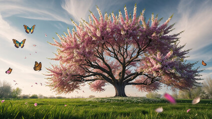 a highly detailed, cinematic photograph of a majestic, glowing digital art-style tree with intricately arranged, vividly colored mosaic leaves, each reflecting a different, shimmering hue, from emeral