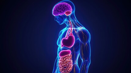 human anatomy with glowing organs showcasing brain, heart, liver, and intestines