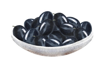 Olive berries in a white plate,watercolor illustration.Hand drawn watercolor clipart of olive berries in a plate