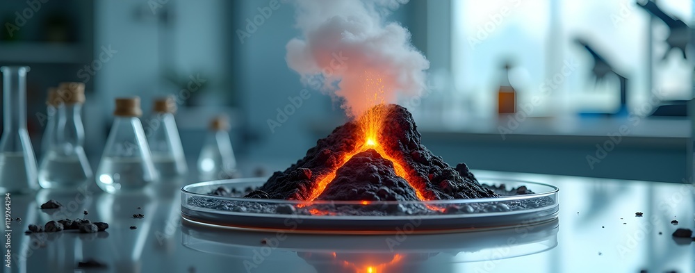 Poster eruption! witness the miniature volcano's fiery spectacle in a lab setting. a mesmerizing display of