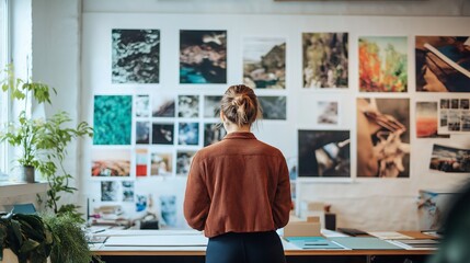 creative director reviewing a bold advertising campaign in a sleek office