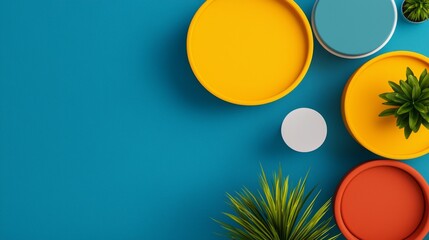 Vibrant Colorful Flat Lay of Decorative Plates and Plants on a Bright Teal Background for Modern Home Decor and Interior Design Inspiration
