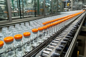 Bottles moving along a conveyor belt in a production facility during the daytime