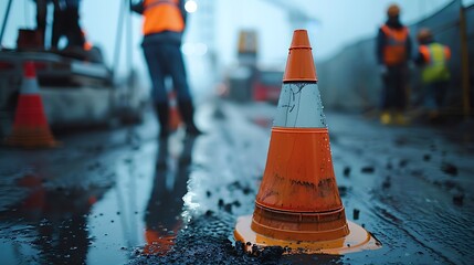 Construction Cone on a Wet Road with Blurred Workers in the Background, Depicting a Busy Worksite with Rainy Weather and Safety Measures in Place