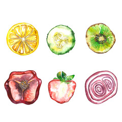 Watercolor cucumber kiwi strawberry lemon onion red pepper fruit set. Watercolor illustration isolated on white