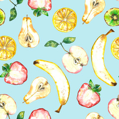 Seamless pattern of plenty colorful fruits. Summer print with hand drawn fruits. Watercolor illustration