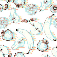 Seamless pattern of plenty colorful fruits. Summer print with hand drawn fruits. Watercolor illustration