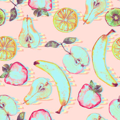 Seamless pattern of plenty colorful fruits. Summer print with hand drawn fruits. Watercolor illustration