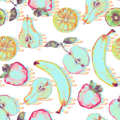 Seamless pattern of plenty colorful fruits. Summer print with hand drawn fruits. Watercolor illustration