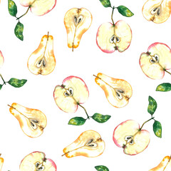 Seamless pattern of colorful apples and pears. Summer print with hand drawn fruits. Watercolor illustration