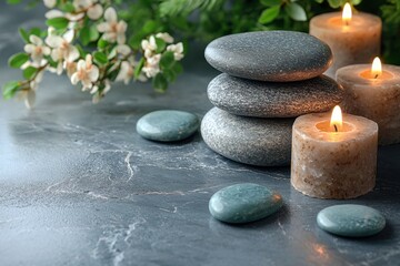 Obraz premium A soothing spa arrangement with stacked zen stones and burning candles. A relaxing and harmonious concept for wellness and tranquility
