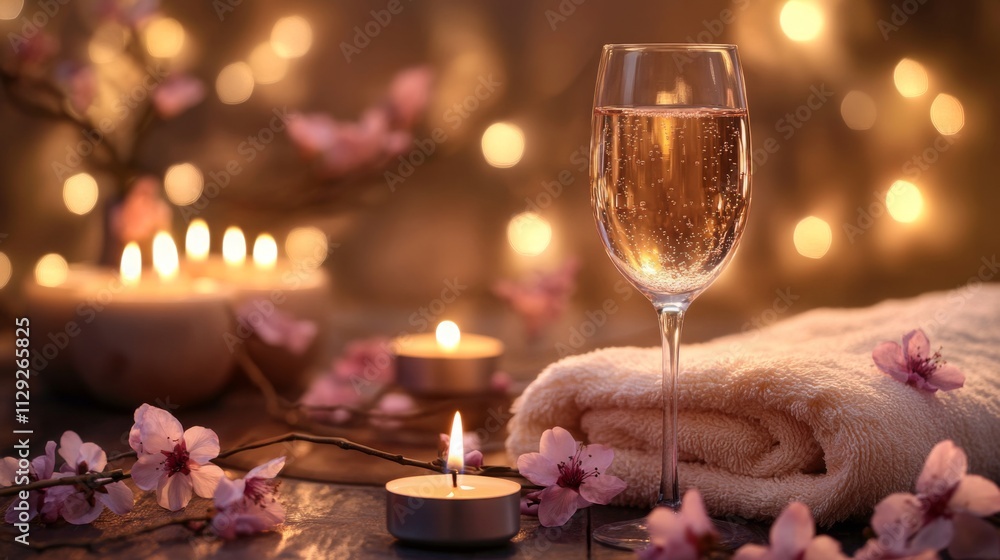 Poster a beautiful setting features a glass of sparkling water next to soft towels and lit candles. cherry 