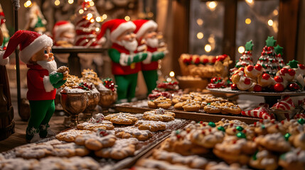 A Christmas cookie baking station inside the workshop with elves preparing sweet treats for Santa.