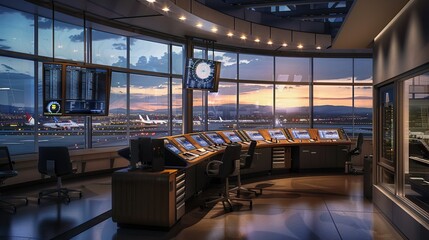 Modern Airport Control Tower Interior Overlooking Runway at Sunset