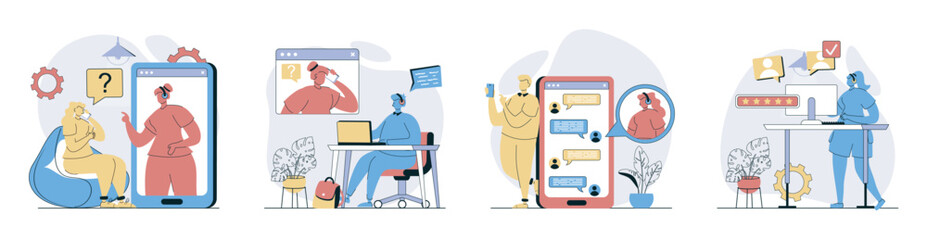 Customer service concept set in flat design for web. Collection with people answering clients video calling, chatting online and consulting at helpline, solving tech problems. Vector illustrations.