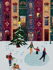Vector illustration with book houses in winter celebration time