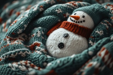 A cozy knitted snowman rests peacefully in a warm blanket. This charming scene captures the essence of winter comfort and joy. Perfect for festive themes. Generative AI